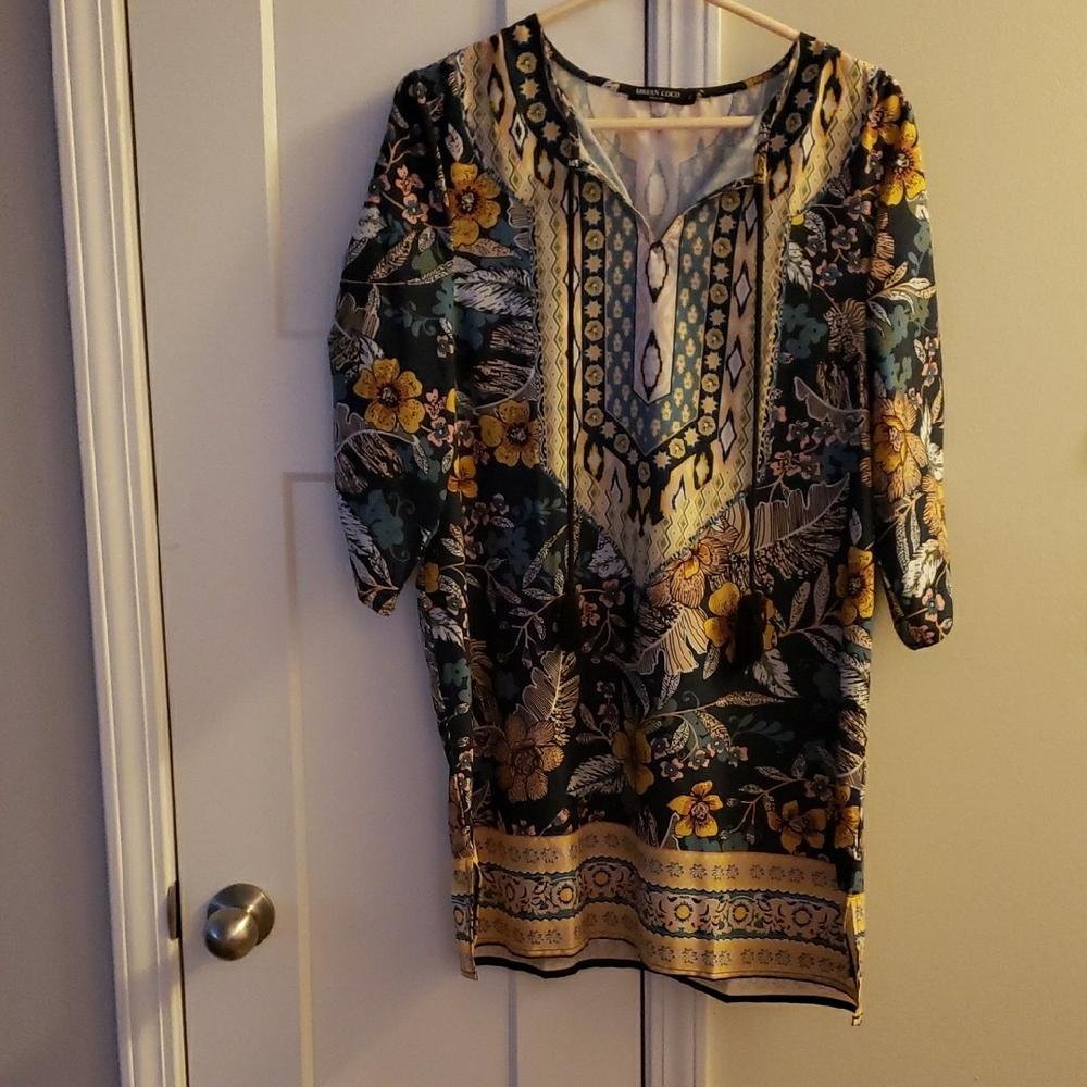 Blue and Gold Graphic Midi Dress with Tunic Sleeves